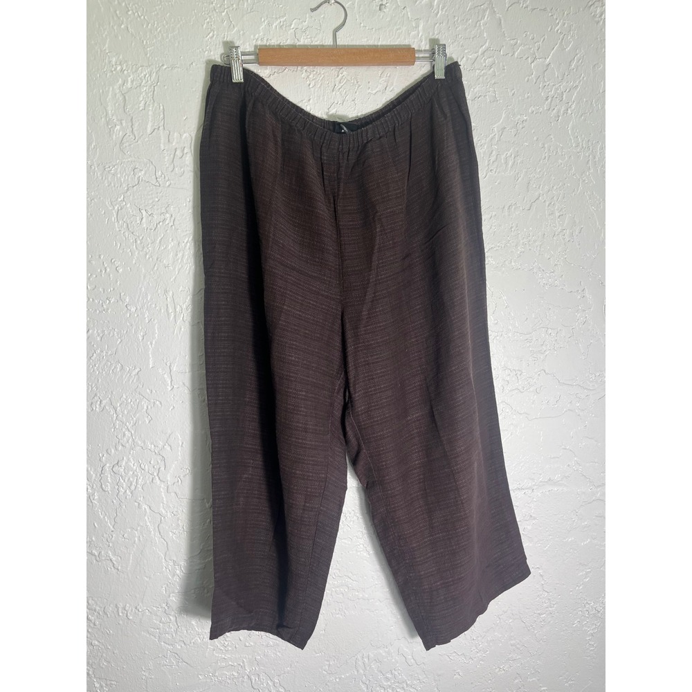 Eileen Fisher XL Brown Wide Leg Pull On Pants Linen Blend Textured Minimalist